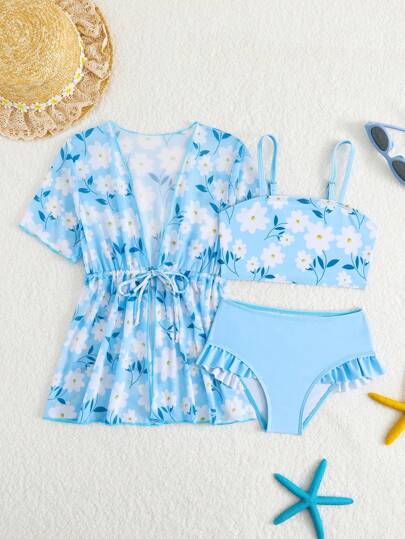 SHEIN Young Girls Bikini Sets - Adorable Vacation Blue Floral Swimsuit Set. Features Soft Knitted Fabric, Ruffle-Trimmed Separable Bikini Top & Bottom, And A Matching Cover-Up. Fashionable, Casual, And Elegantly Chic Three-Piece Design. Perfect For Swimming, Summer Vacations, Beach Trips, Pool Parties, And Holiday Leisure.