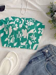 Soleia Orange Ditsy Floral Bustier Cropped Casual Vacation Top For Women - Green - View 5