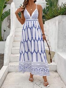Breezaya Retro Print Plunging V-Neck Strap Vacation Dress For Women - Blue - View 4