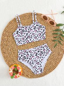 Young Girl Leopard Print Casual Bikini Set - Pink - View 1