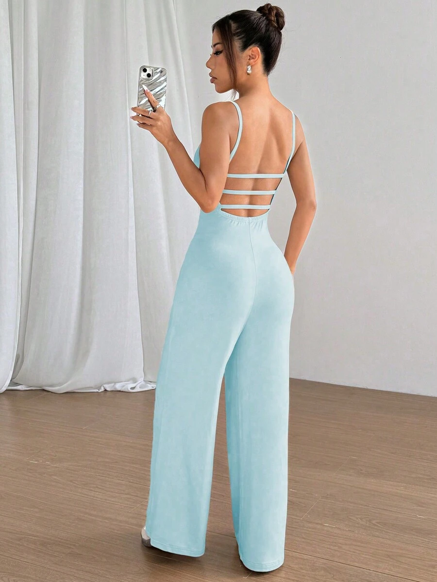 Flirla Solid Color Backless Loose Wide Leg Jumpsuit - Blue - View 1