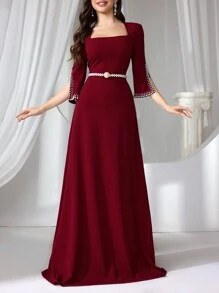Coutiva 女士正式晚礼服、婚礼宾客礼服、串珠针织红色优雅连衣裙，适合正式活动音乐节春夏、派对礼服 - 酒紅色 - 查看 4