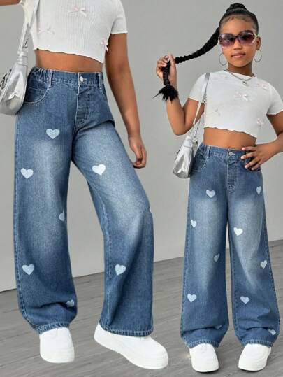 SHEIN Sparklyn Tween Girls Casual All-Match Versatile Sweet Heart Print Loose Wide Leg Jeans, Fashion Daily Wear, 2025 New Style, School, Campus, College