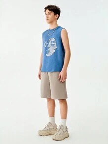 SHEIN 1pc Teen Boy Casual Funny Portrait Print Top, Loose Fit Street Fashion Basketball Tank Top, Suitable For Summer, Hip Hop, Streetwear, Sports, Music Festival - Blue - View 3