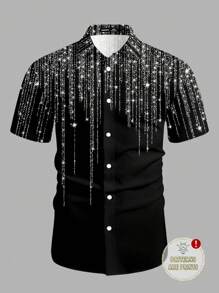 Manfinity AFTRDRK Camisa casual de manga corta de solapa única con estampado de lentejuelas para hombres