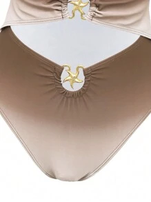 Swim Oasis 女士夏季沙滩度假性感镂空金属海星装饰可拆卸肩带抹胸泳衣和扭结前片图案罩衫裙套装 - 彩色 - 查看 4