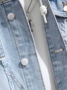 Manfinity Homme Men Long Sleeve Single-Breasted Frayed Hem Casual Denim Jacket, Fall - Light Wash - View 6