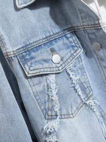 Manfinity Homme Men Long Sleeve Single-Breasted Frayed Hem Casual Denim Jacket, Fall - Light Wash - View 7