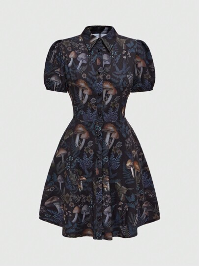 Women's Gothic Style Plant Mushroom Print Waistband Shirt Dress