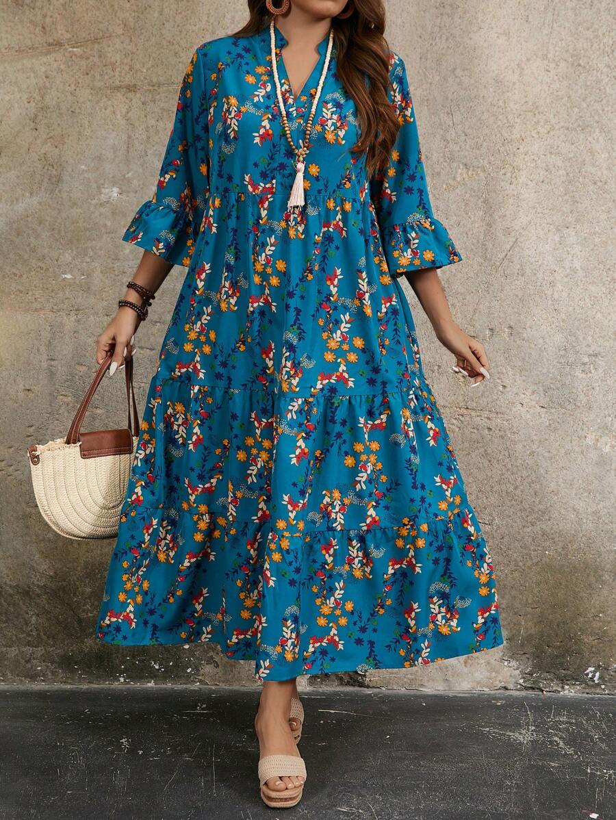 EMERY ROSE 大码女式复古花卉印花荷叶边袖连衣裙，春夏 - 藍色 - 查看 1