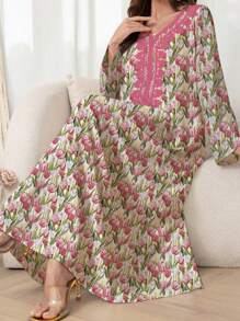 SHEIN Najma Váy Maxi họa tiết hoa thanh lịch theo phong cách Ả Rập dành cho nữ, Váy Ả Rập, Khiêm tốn - Hồng - Xem 1