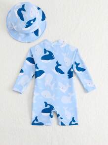SHEIN Baby Boy Whale Print Long Sleeve Swimsuit With Sunscreen Wide Brim Swim Cap