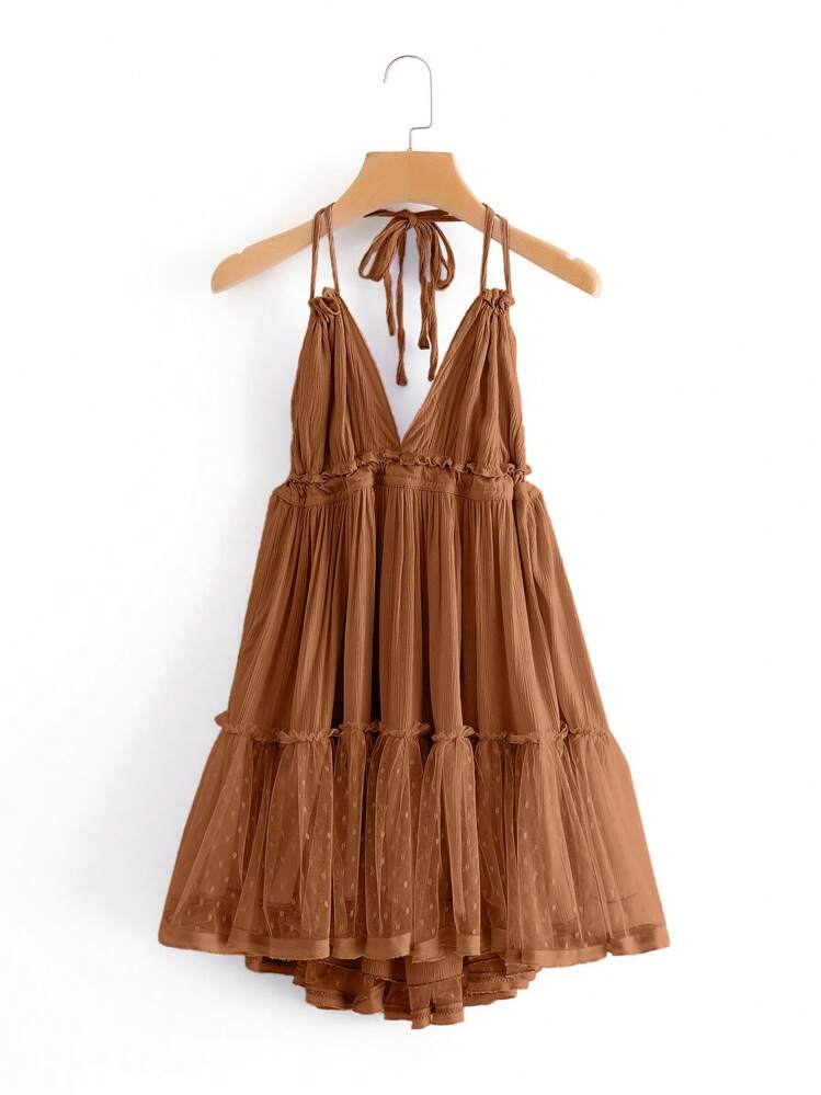 Aveloria Rosie Dobby Mesh Self-Tie Ruffled Halter Dress Vacation Outfits  Woman Elegant Fashionable Style ROMANTIC Style Inspiration For Summer |  SHEIN USA