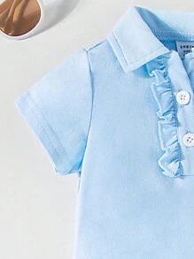 SHEIN Bébé fille Le nouveau Top à manches courtes avec revers confortable, , mignon, décontracté et facile à assortir - Bleu azur - Voir 6