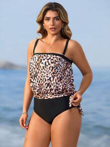 Swim Lushoire Nuevo conjunto de 2 piezas de traje de baño con estampado de leopardo, tirantes finos y espalda descubierta para mujer, para playa, vacaciones, natación