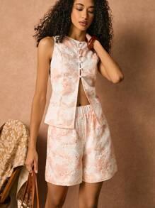 Poéselle 两件套休闲西装度假刺绣圆领纽扣腰带无袖上衣背心和夏季短裤两件套 - 彩色 - 查看 6