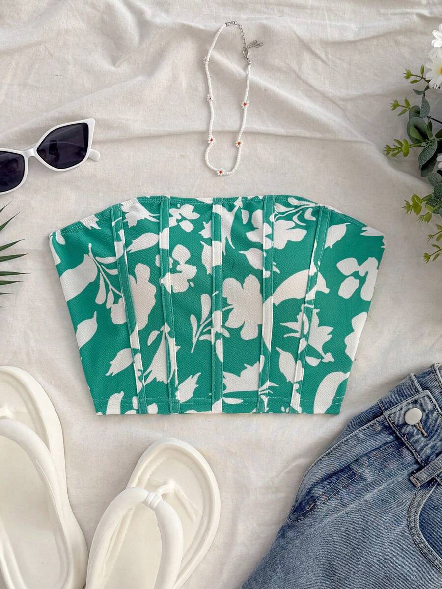 Soleia Orange Ditsy Floral Bustier Cropped Casual Vacation Top For Women - Green - View 1
