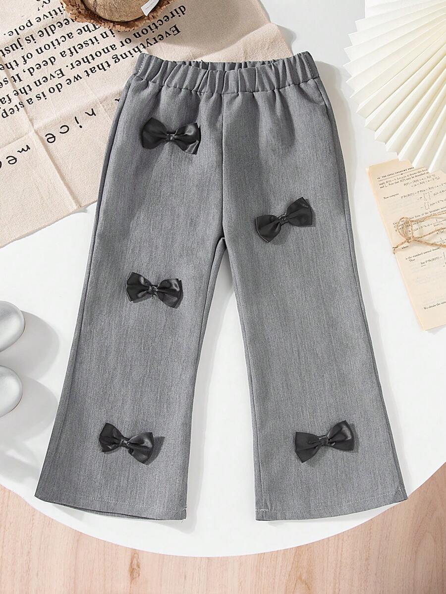 SHEIN 少女新款灰色蝴蝶结小女孩长喇叭裤上市，舒适时尚百搭，优雅独特，复古经典，是装扮的必备单品。 - 彩色 - 查看 1
