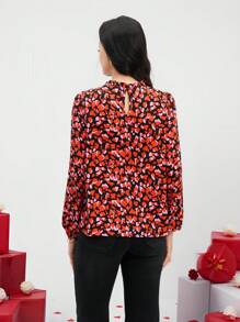 EMERY ROSE 情人节女士抽象心形印花荷叶边灯笼袖衬衫 - 彩色 - 查看 4