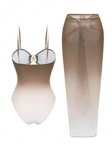 Swim Oasis 女士夏季沙滩度假性感镂空金属海星装饰可拆卸肩带抹胸泳衣和扭结前片图案罩衫裙套装 - 彩色 - 查看 2