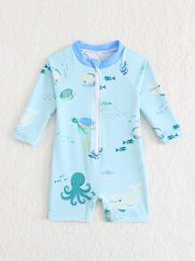 SHEIN Newborn/Infant Baby Boy Zip-Up Sun Protective Swimsuit, Beach/Resort Outfit For Summer