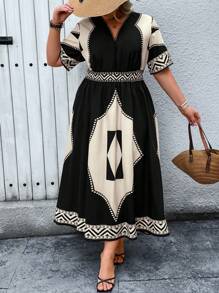 Breezaya Plus Size Boho Women's Black & Khaki Contrast Color Block, Floral Patchwork, Retro Print Short Sleeve Dress, Elegant Vacation Dress, Spring/Summer