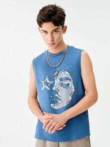 SHEIN 1pc Teen Boy Casual Funny Portrait Print Top, Loose Fit Street Fashion Basketball Tank Top, Suitable For Summer, Hip Hop, Streetwear, Sports, Music Festival - Blue - View 5