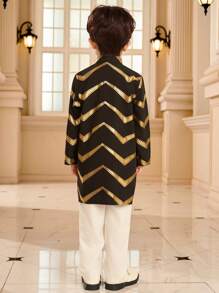 2pcs Young Boy Gold Foil Print Henley Shirt And Pants Set, Suitable For Ramadan, Gatherings And Other Occasions