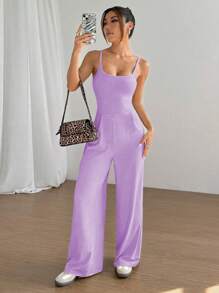 SHEIN Unity Bộ đồ liền thân hở lưng màu trơn ống rộng cho nữ, dáng rộng - Màu tím - Xem 2
