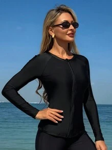 Swim Mulvari Springbreak 新款简约前拉链长袖连体泳衣，纯黑色罩衫，保守修身，东南亚女士布基尼泳衣 - 黑色 - 查看 3