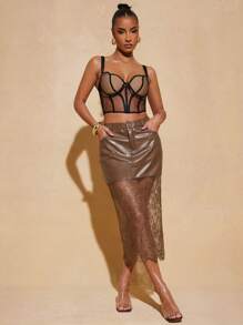 Hauture PU Leather Sheer Floral Lace Slant Pocket Elegant Skirt