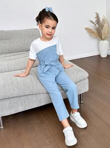 SHEIN 2pcs/Set Young Girl Knitted Colorblock Blouse And Woven Long Pants Set - Blue - View 4