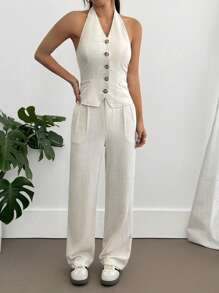 SHEIN Unity 女士两件套亚麻套装：露背纽扣前背心和阔腿裤 - 休闲夏季套装 - 杏色 - 查看 3