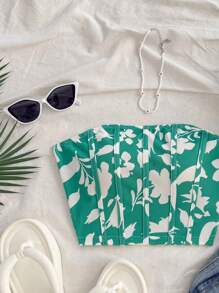 Soleia Orange Ditsy Floral Bustier Cropped Casual Vacation Top For Women - Green - View 4