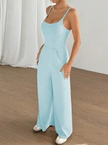 Flirla Solid Color Backless Loose Wide Leg Jumpsuit - Blue - View 3