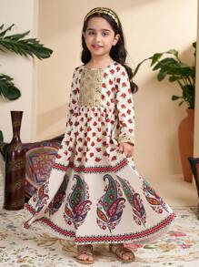 Young Girl Paisley Print Square Neck Long Sleeve Dress - Multicolor - View 6