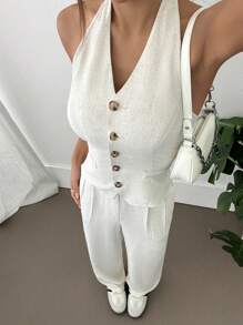 SHEIN Unity 女士两件套亚麻套装：露背纽扣前背心和阔腿裤 - 休闲夏季套装 - 杏色 - 查看 6