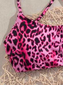 SHEIN Swim Wiosenna przerwa awangardowa damska minimalistyczna seksowna moda uniwersalna gradientowa lamparta nadruk swobodny wakacje plaża impreza spaghetti ramiączka crop top i stringi bikini 2 szt. strój kąpielowy