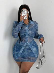 SHEIN Clasi 2pcs Set: Fashionable Denim Effect Ruched Top + Mini Skirt - Blue - View 6