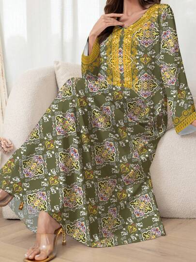 Al Najma 女士花卉印花长袖休闲阿拉伯风格连衣裙，端庄