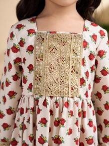 Young Girl Paisley Print Square Neck Long Sleeve Dress - Multicolor - View 3