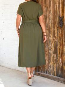 SHEIN LUNE 女式亮片花卉拼布 V 领盖袖收腰长直筒宽松休闲连衣裙，优雅百搭，适合春夏季