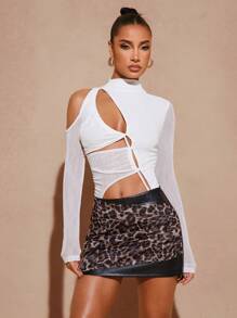 Hauture Asymmetric Cut Out Contrast Bodysuit Rave Festival Outfit - White - View 3