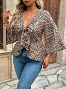 Breezaya Plus Size Women Vacation Casual Full Print Ruffle Tie Front Blouse