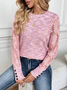 SHEIN LUNE Plus Size Ziua Îndrăgostiților Femei Vară Dantela Mâneci lungi Patchwork Roz Top Femei - Roz - Vizualizare 1