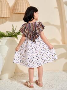 SHEIN Young Girl's Spring/Summer Style Matching Family Vacation, Vintage Rose Floral Mixed Print Ruffle A-Line Dress, Sibling Outfits Sisters Ramandan Style Outfit, Vintage & Fashionable.Mom And Daughter & Sisters Matching.For School Daily Wear & Vacation & Holidays. - Multicolor - View 2