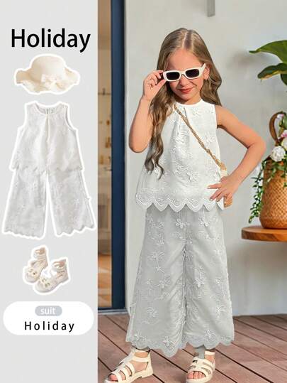 SHEIN 2 件套年轻女孩休闲白色针织刺绣无袖上衣和裤子套装，女孩春夏新款服装