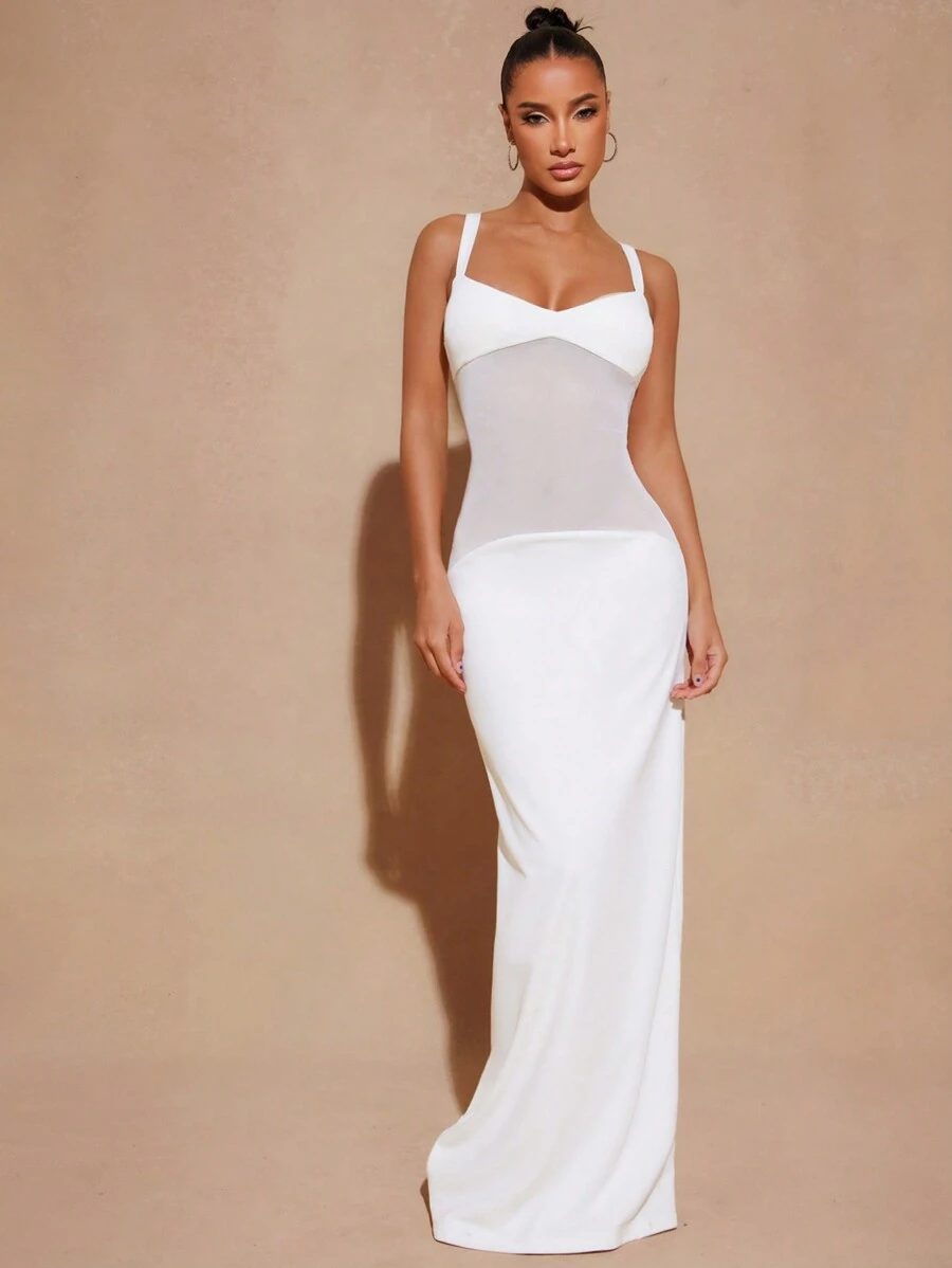 Hauture Elegant Black Sheer Mesh Long Dress With Fitted Bodice - White - View 1