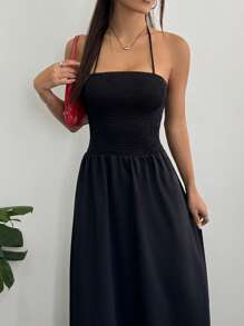 Flirla 女士纯色挂脖式休闲度假连衣裙 - 黑色 - 查看 3