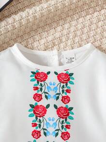 Set de 2 piezas de ropa para niñas bebé, con blusa de manga con volantes y estampado de rosas para el Ramadán, y falda casual con estampado de rosas - Blanco - Ver 3